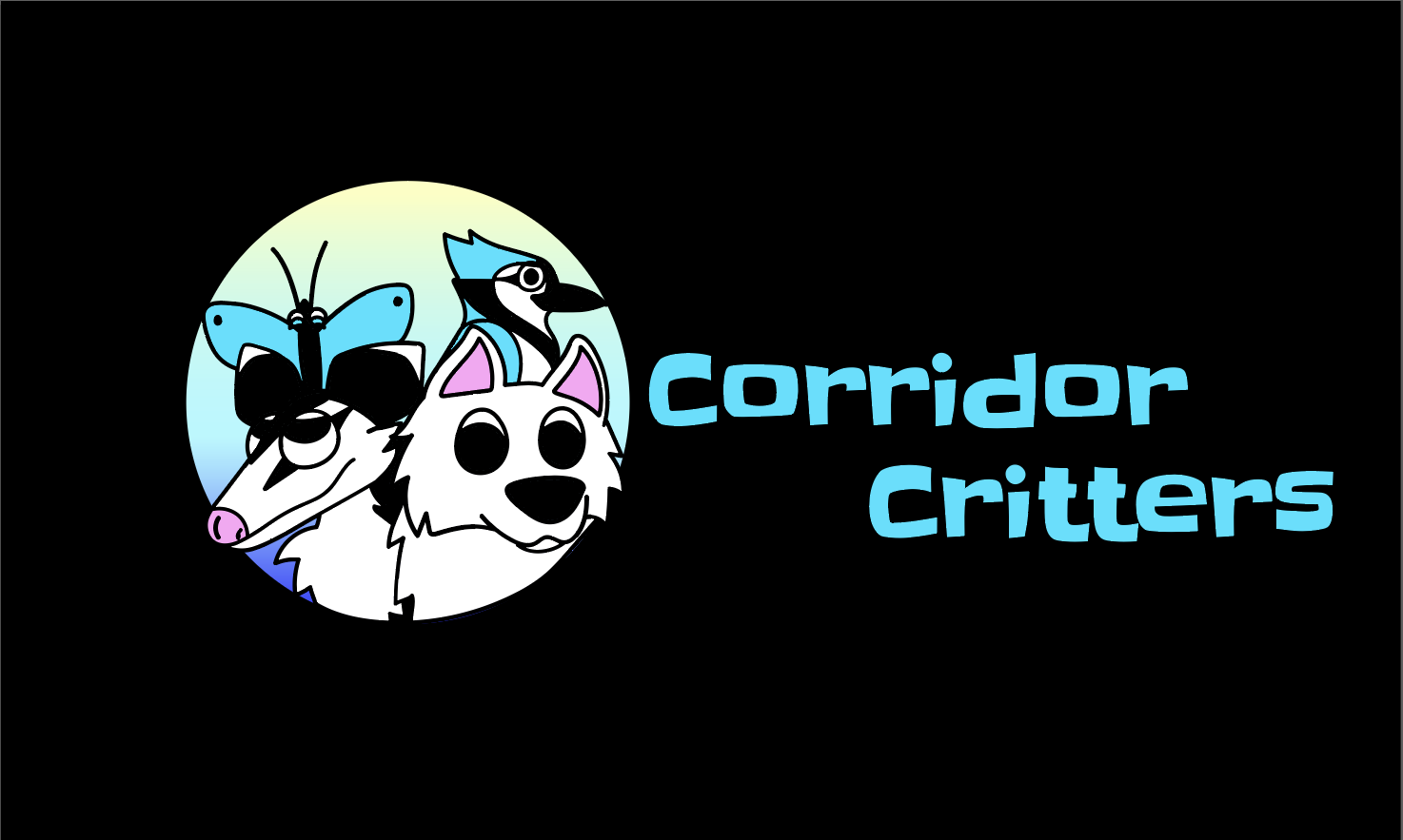 Corridor Critters logo, showing cartoon illustration of opossum, dog, Blue Jay and butterfly